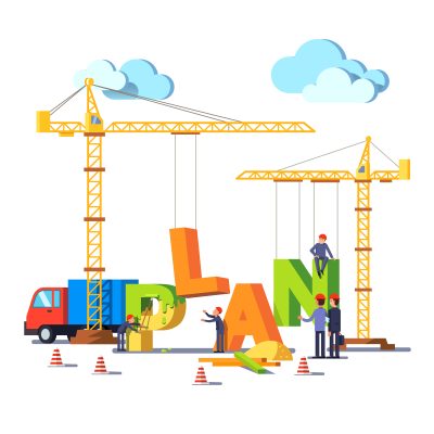 Business construction site with cranes building word PLAN. Little builders, engineers and architect working as a team. Modern flat style concept vector illustration isolated on white background.